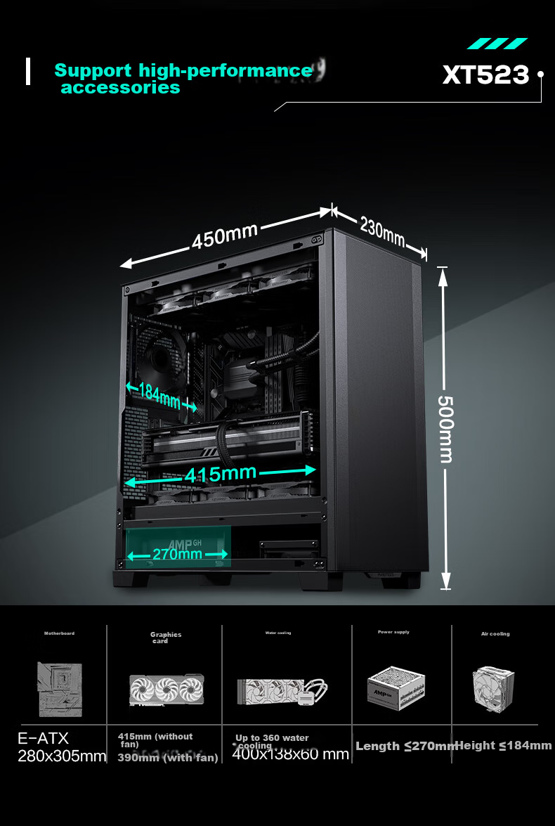 PHANTEKS XT523 Black Mid-Tower Desktop Computer Office ATX Motherboard Case (With 3x 140mm Fans / Mesh Panel / Efficient Cooling / 360mm Water Cooling Support / 5070) 9