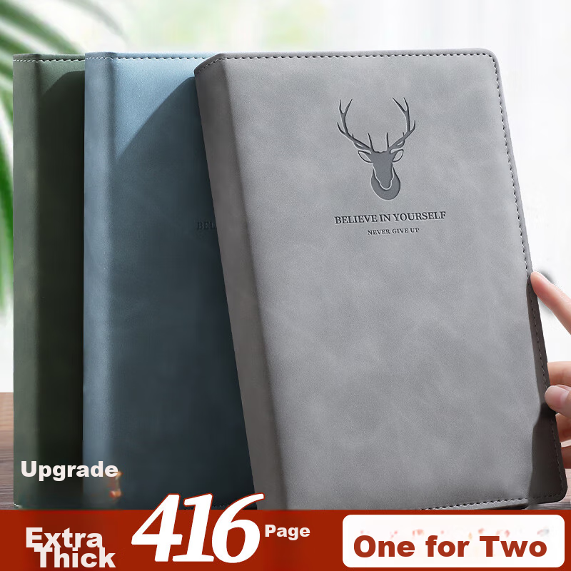 Jiaranheng A4 Large Notebook, Extra Thick, High-Quality Leather Cover, Customizable, Simple Business Office Meeting Record Book, Work Diary Journal, Light Gray