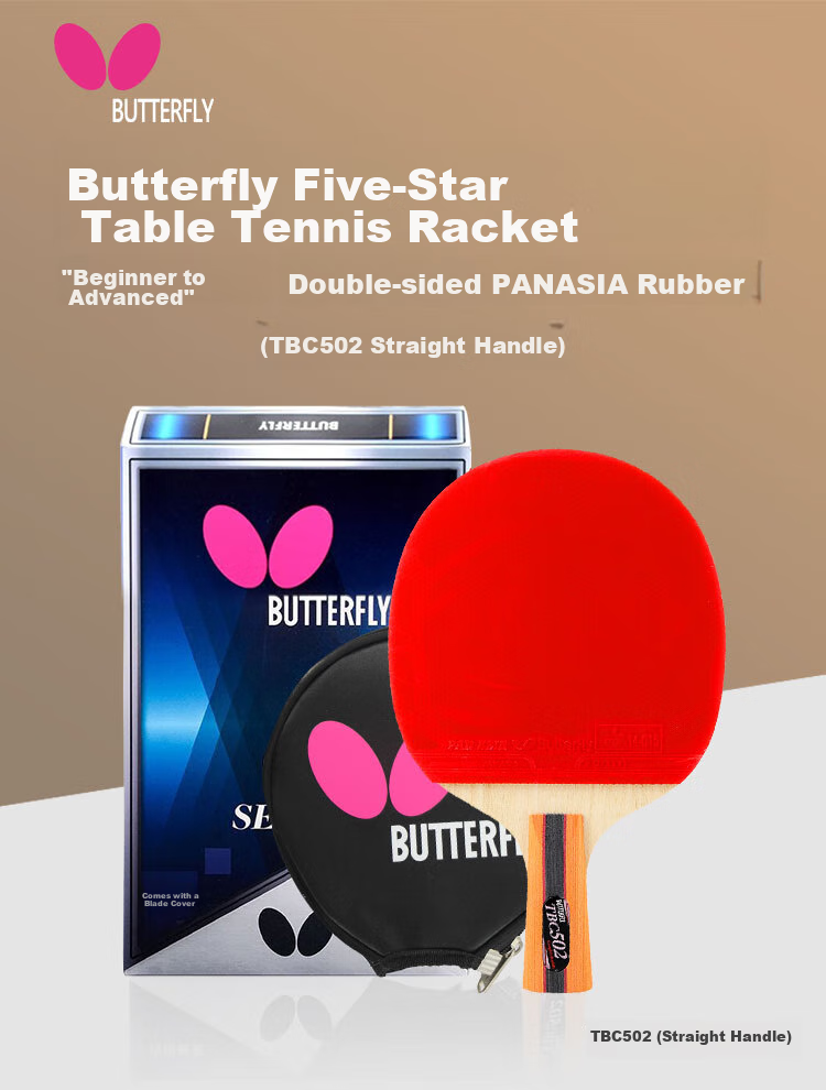 BUTTERFLY 5-Star Table Tennis Racket [Double-Sided Reverse Rubber] Professional Competition Blade 502 Straight Handle Racket with Case Included 1