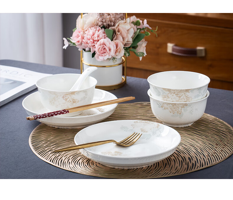 Taoxianghui Jingdezhen High-Quality White Porcelain Jade Clay High-Temperature Tableware Bowls Plates Spoons Chopsticks Ceramic Bowls And Dishes for Home Use, 14-Piece Gift Dinnerware Set 13