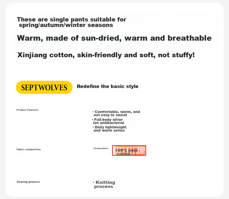 SEPTWOLVES [100% Cotton] Men's Long Johns, Autumn And Winter Pure Cotton Pants, Thin Thermal Underwear, Breathable And Skin-Friendly Long Johns 1