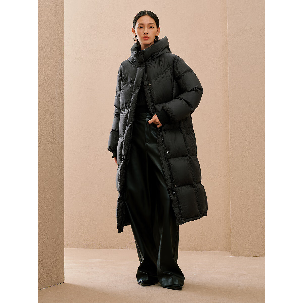 Peacebird Women's Hooded Down Puff Winter Warm Long Black Coat Size S
