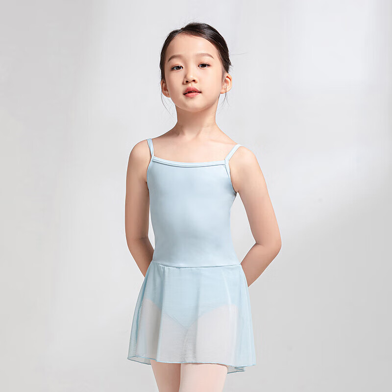 Sansha Children's Spaghetti Strap Dance Leotard, One-Piece Ballet Practice Dress with Skirt, Training Outfit, Blue, XL