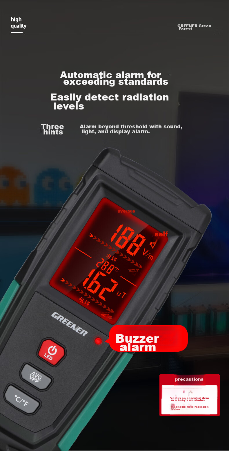 GREENER Electromagnetic Radiation Detector High-Frequency Electromagnetic Wave Radiation Meter Household Radiation Measurement Instrument Detector Magnetic Field Tester 13