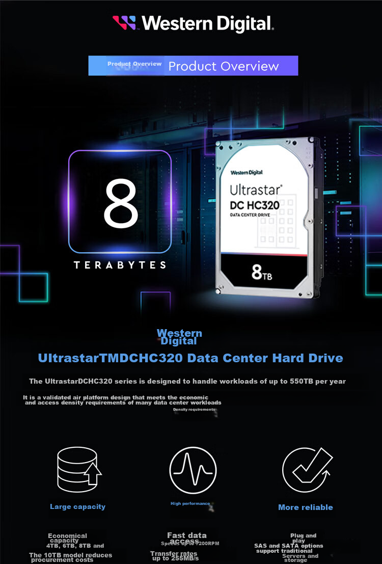 Western Digital (WD) 8TB Enterprise-Grade Mechanical Hard Drive DC HC320 SATA, 7200 RPM to 256MB CMR Vertical, Server Hard Drive, 3.5-Inch HUS728T8TALE6L4 2