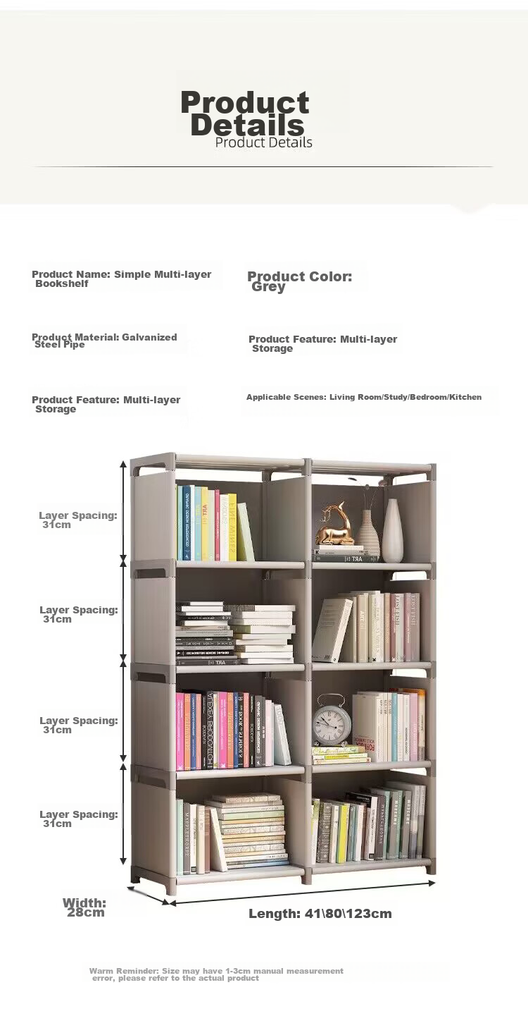 Anerya Simple Bookshelf Floor-Standing Side Table Storage Rack Large Capacity Bookcase with Double Rows of 8 Shelves, Silver Gray Color 12