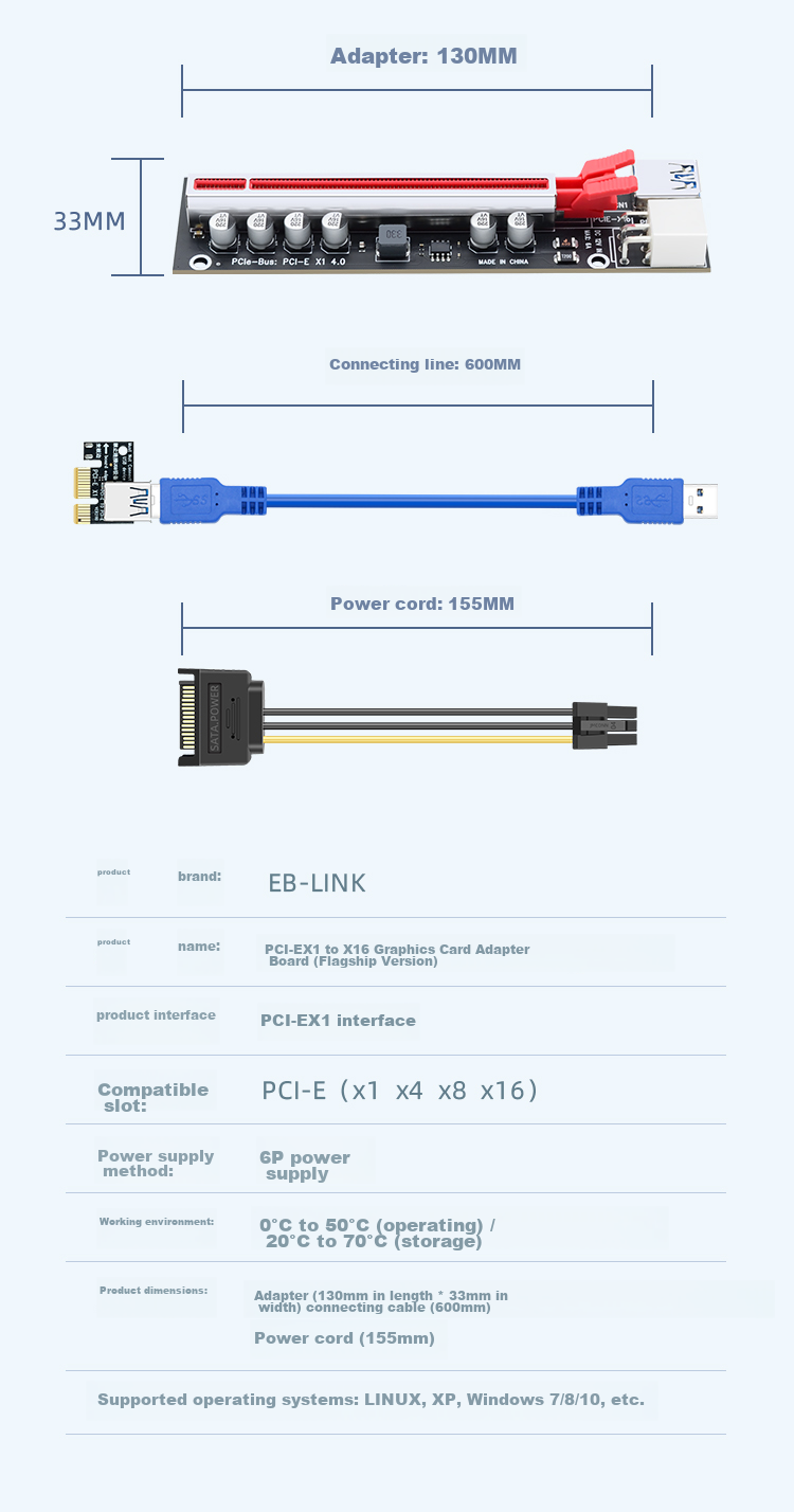 EB-LINK PCI-E X1 to X16 Graphics Card Extension Cable, PCIe 1X to 16X Adapter Cable, Expansion Card, Large 6P Power Supply, Stable Flagship Versio 10