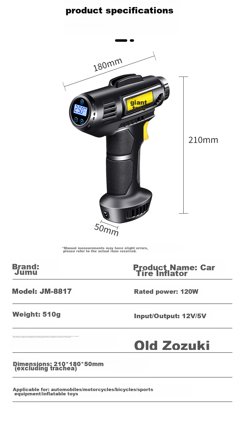 Jumu Car Air Pump, Electric Tire Inflator for Vehicles, Can Measure Tire Pressure, Air Compressor with Pressure Gauge for Sedans 15