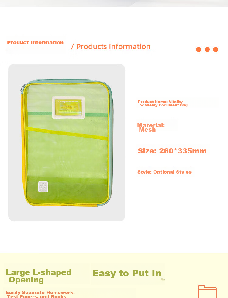 Sannianerban Art Bag, Zipper Large Opening Mesh File Bag, Student Subject Bag, Handheld Book Bag, Exam-Specific Bag, Tutoring And Test Paper Storage Bag, Summer Guava 1