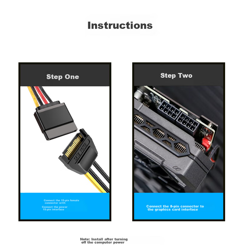 JEYI SATA Power Cable, Graphics Card Power Cord, 15Pin Male to 6Pin Female SATA Adapter Cable for Desktop Computer Case Power Supply Port 3
