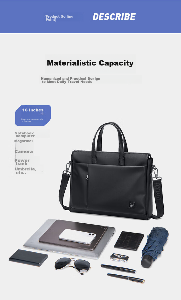 POLO Leather Briefcase, Men's Business Handbag, 16-Inch Laptop Bag, Horizontal Style, Single-Shoulder Document Bag, Birthday Gift 5