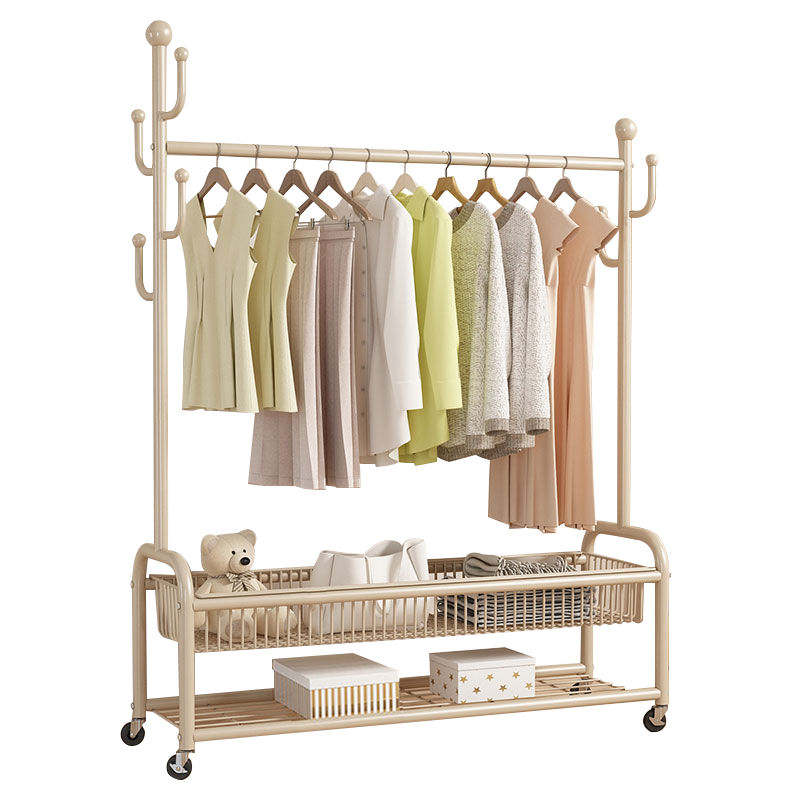 Huakaizhixing Floor-Standing Coat Rack with Wheels, Bedroom Clothes Hanger, Movable Freestanding Drying Rack, YJ126 Double-Layer White 1.0 Meter