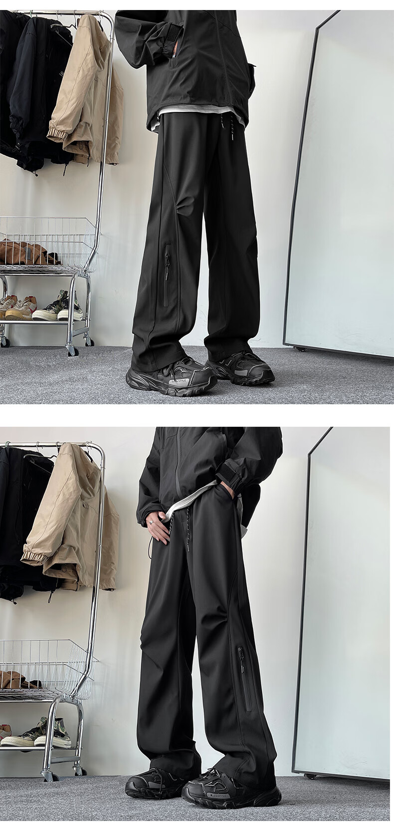 IZEXX Mountain-Style Water-Repellent Casual Pants for Men, Summer Straight-Leg Wide-Leg Outdoor Paratrooper Cargo Trousers IZ37 Black M 12