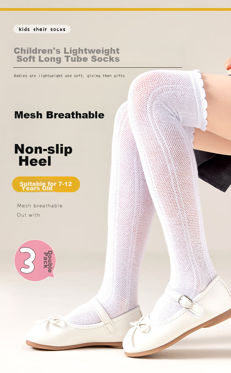 Langsha Children's Socks, Girls' Summer Thin Style, Student Over-Knee Long Socks, Mesh Slouchy Socks, 3-Pack, Yellow Pink White, Size L 1