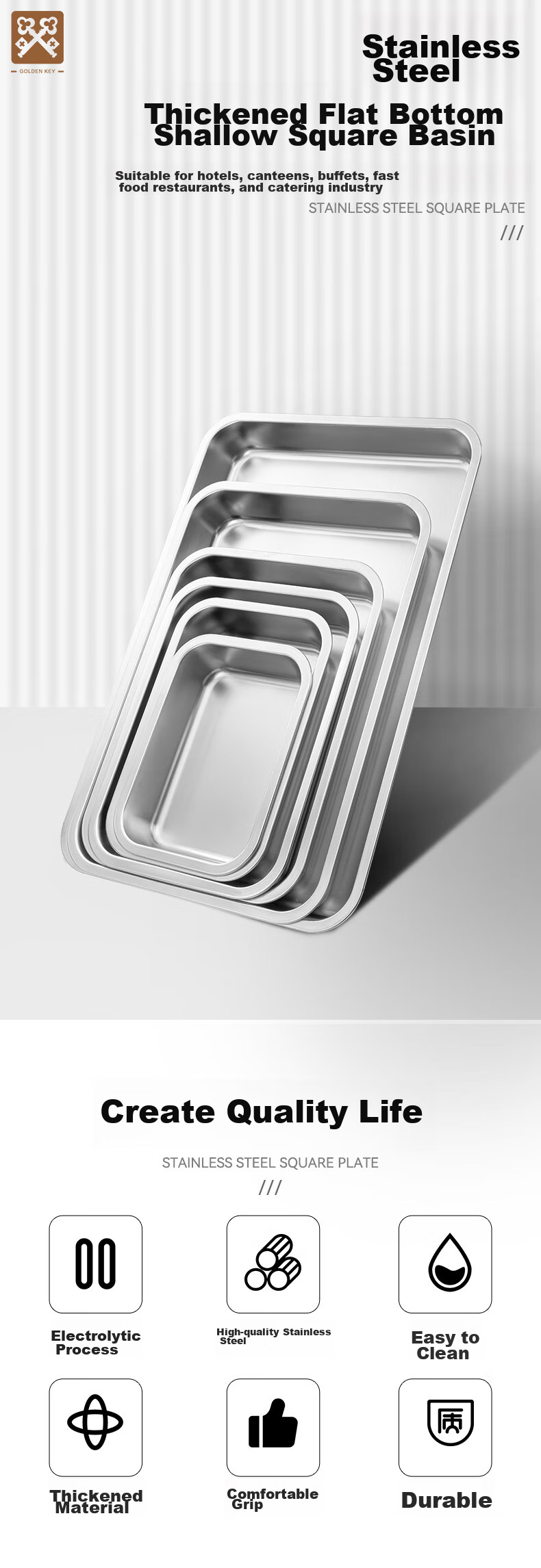 Jinyaoshi Stainless Steel Flat Bottom Deep Square Basin Rectangular Tray Steaming Plate, Serving Dish, Dumpling Plate, Fruit Plate GK-FP6040 2