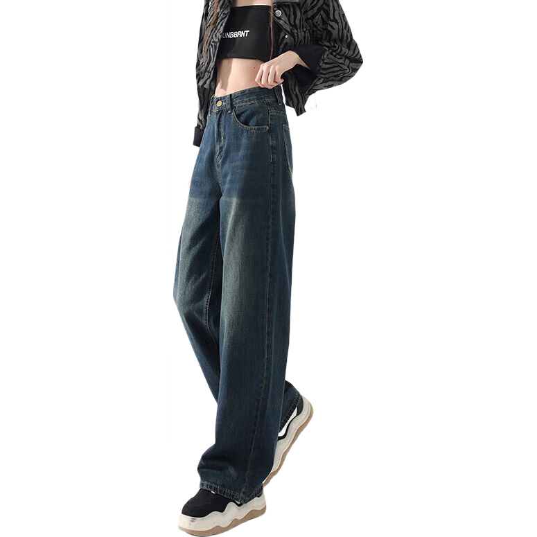 Jeanswest Women's Jeans, Summer Vintage Style, Loose Wide-Leg Straight High-Waist Draping Floor-Length Pants, Nostalgic Blue XL