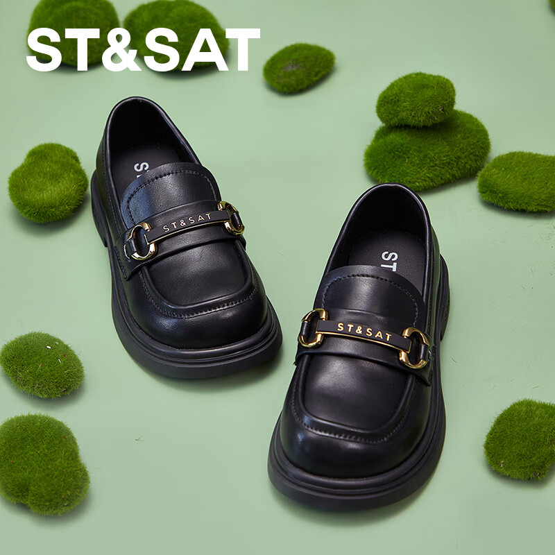 St&Sat Women's Spring Soft-Soled Flats, Girls' Black Leather Shoes, Loafers, Parent-Child Shoes, Slip-On Versatile Style, Black, Size 33