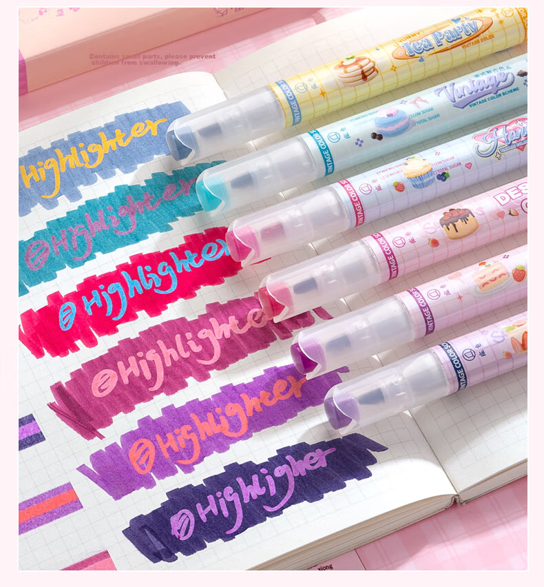 Kabaxiong Highlighters, Stackable, 6-Pack, High-Quality Student Marker Pens, Dual-Tip Non-Smear Journal Markers, Colorful Pens, American Retro Style 13