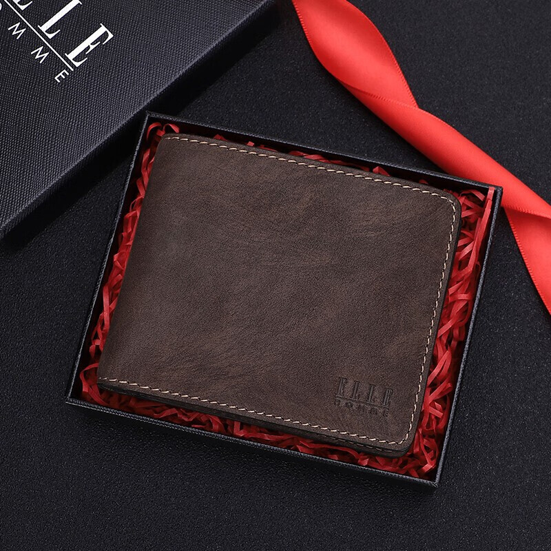 ELLE HOMME Men's Short Wallet, Top-Grain Leather Multifunctional Billfold, Two-Fold Money Clip 3920, Birthday Gift for Me