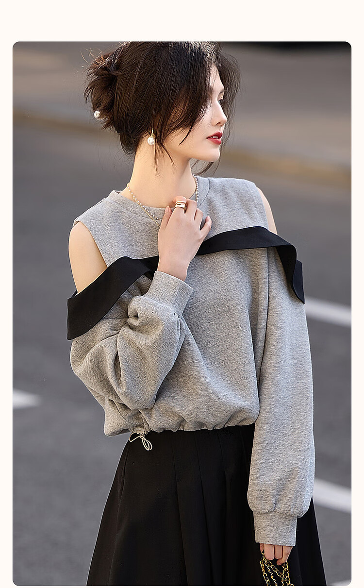 Dme [Designer Private Label] Spring And Autumn Round Neck Ruffle Contrasting Color Off-Shoulder Pique Air Layer Sweatshirt Women's Top 2