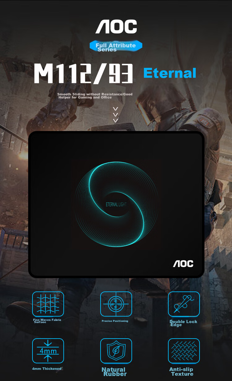 AOC Full-Property Series Gaming Mouse Pad, Small Size 300*250*4mm, Thickened with Locked Edges, Office Keyboard Computer Desk Pad, M112/93, Eternal Black 1