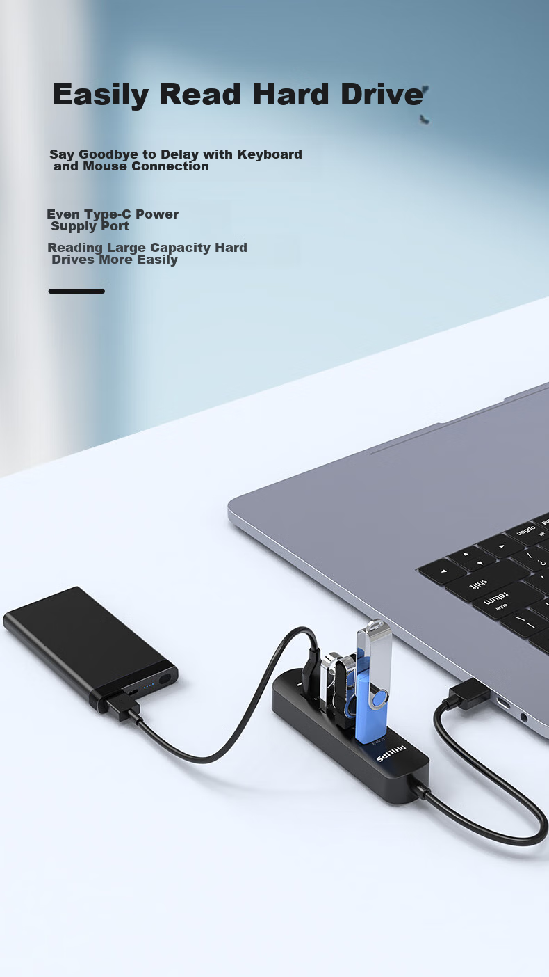 PHILIPS USB Hub 2.0 Four-Port Multi-Interface with External Power Supply Port, Huawei Laptop Desktop Computer 4-Port Hub Extender Converter Extension Cable, 2 Meters 5
