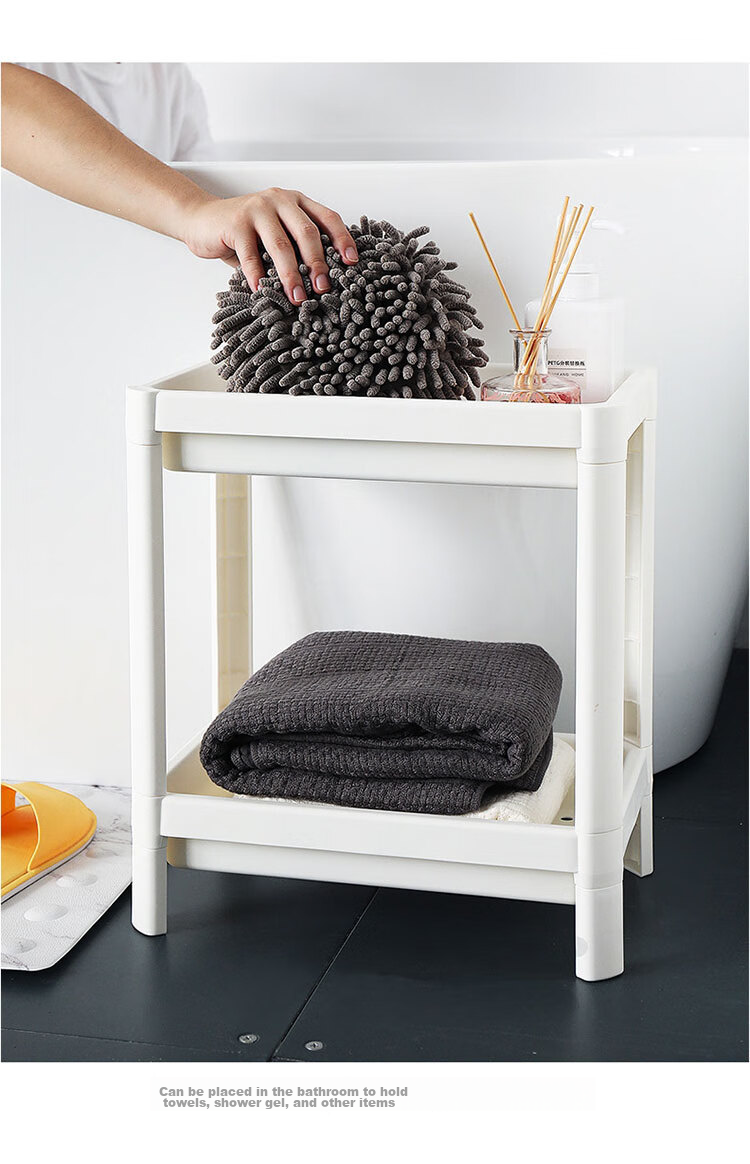 Youjialiangpin Bathroom Storage Rack, Floor-Standing, No Drilling Required, Four-Tier with Hanging Basket, White Plastic Storage Shelf 4