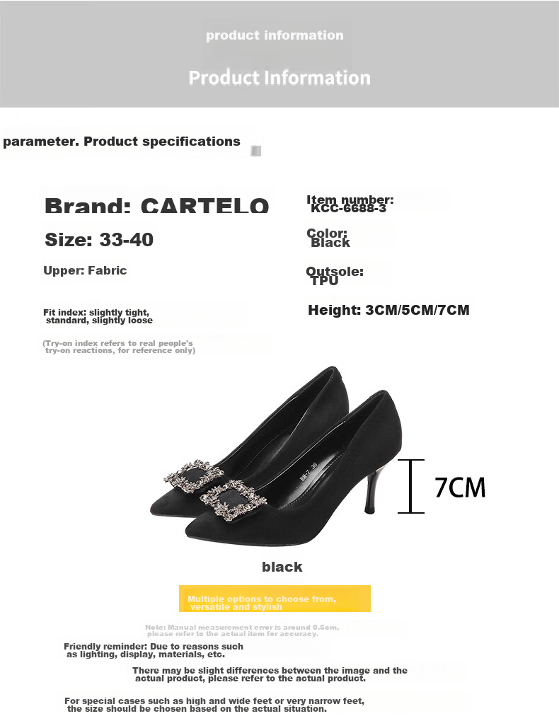 CARTELO Rhinestone Pointed Toe Pumps Snowflake Buckle High Heels KCC-6688 Black (7cm) Size 39 3