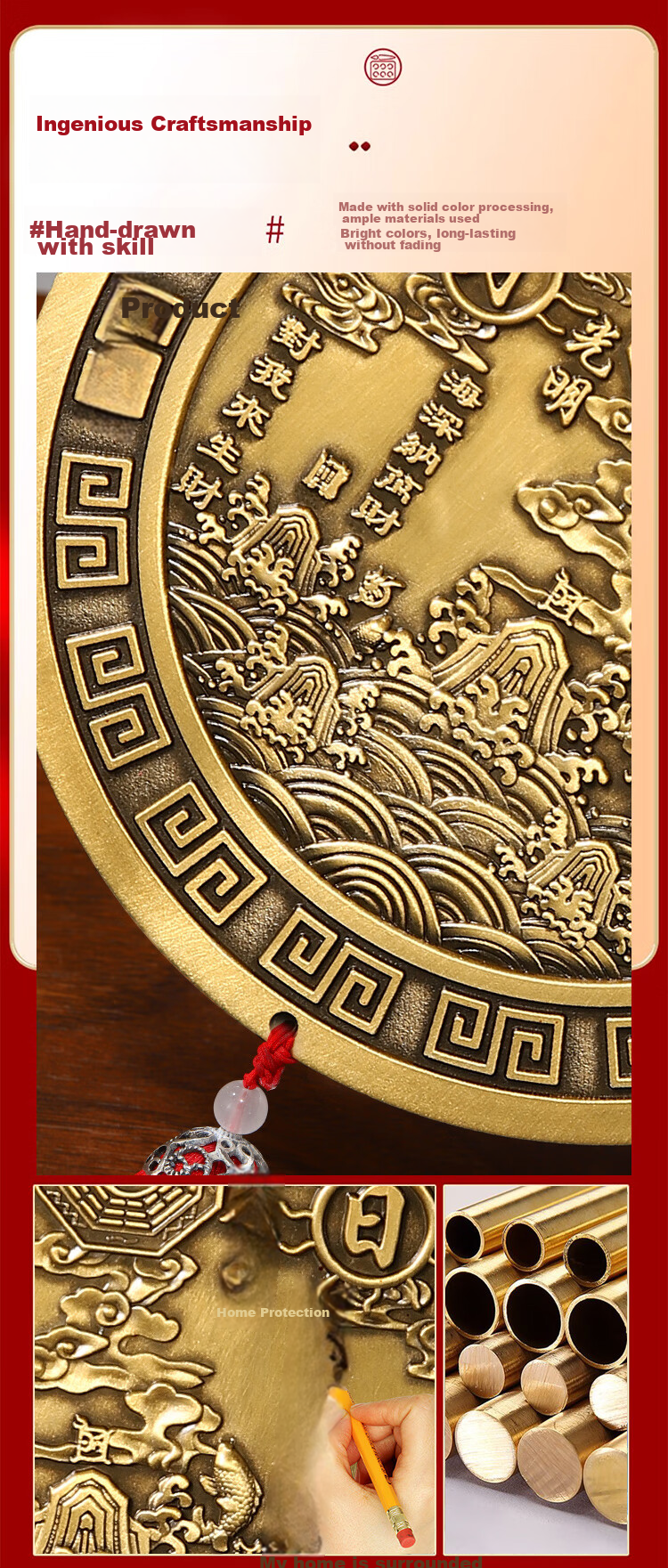 Binyue Brass Bell Pendant, Yellow Brass Bell for Doorway, Super Loud Sound Chinese-Style Entrance Door Hanging Ornament for Main Door, Large Size 10