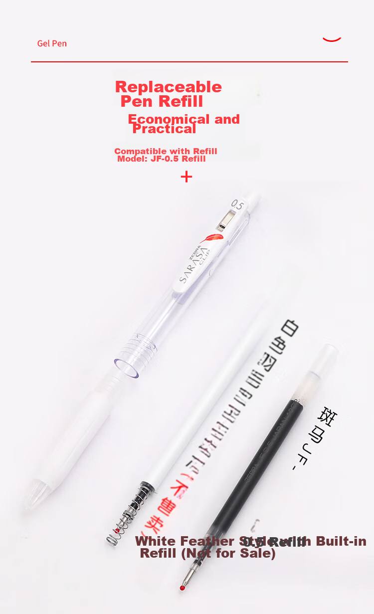 ZEBRA JJ99 Red Feather Retractable Gel Pen, 0.5mm Bullet Tip Signing Pen, Student Note-Taking Exam Practice Pen, Office Use Black Pen, White Barrel with Black Ink, Pack of 10 7