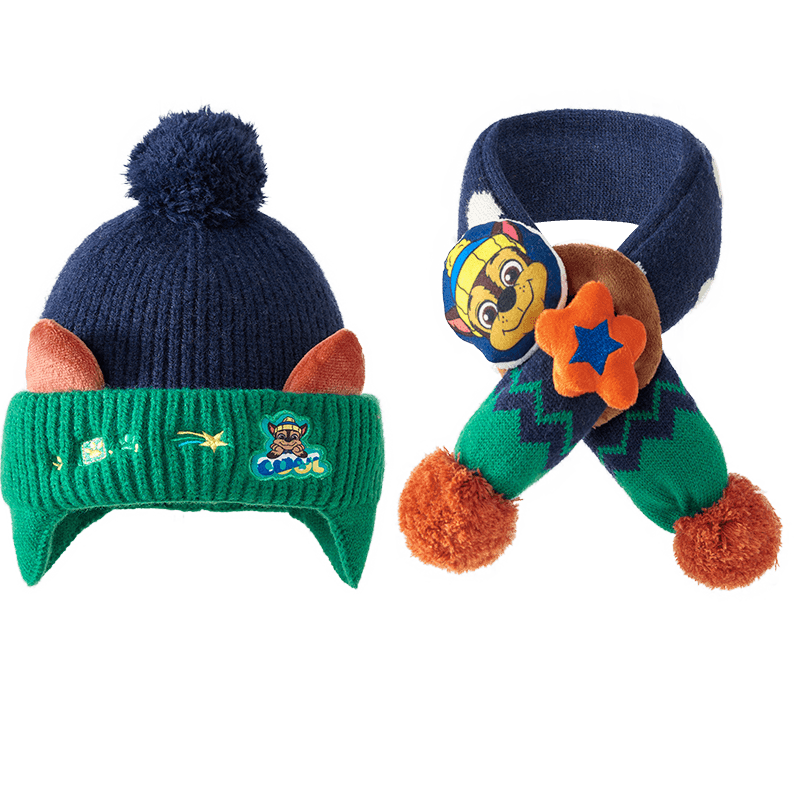 PAW PATROL Boys And Girls Hat Scarf Set Two-Piece Knitted Woolen Hat with Fleece Lining for Baby Boys And Girls, Navy Blue;