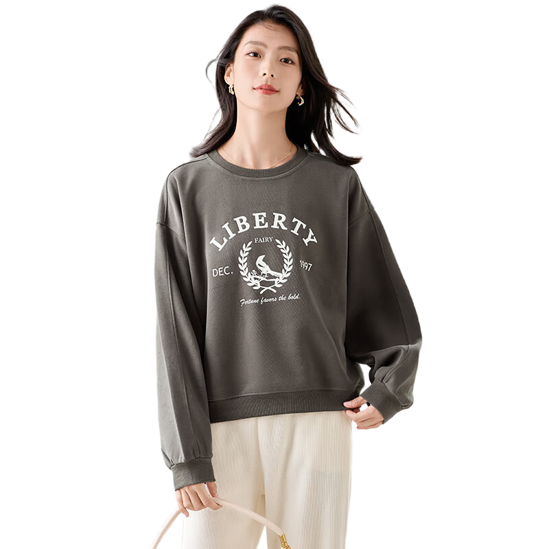 Chushen Spring And Autumn Round Neck Sweatshirt for Women, Wilderness Maillard Letter Print Loose Casual Top S143W1006