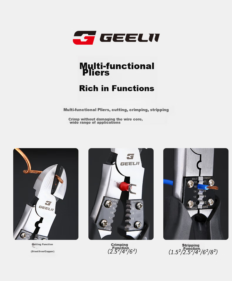 GeeLii 9-Inch Diagonal Cutting Pliers, Multi-Functional Pliers, Wire Stripping Pliers, Side-Cutting Pliers, Wire Cutting Pliers, Electrician's Scissors, Diagonal Pliers 65061 8