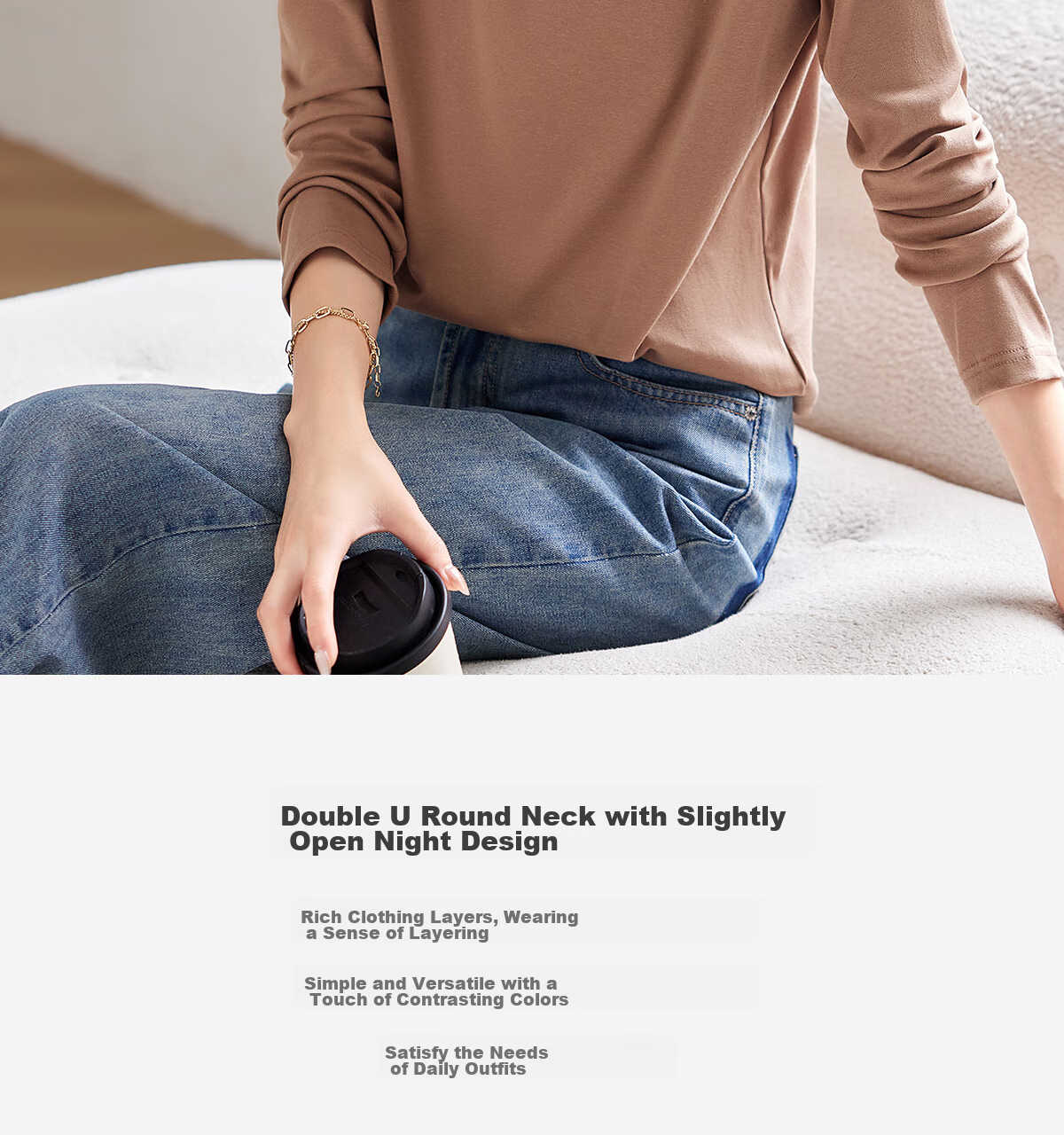 Taxiang Long-Sleeve T-Shirt for Women, Wilderness Maillard Small V-Neck Faux Two-Piece Top T-Shirt Spring Autumn Contrasting Color Base Shirt T143T2042 8