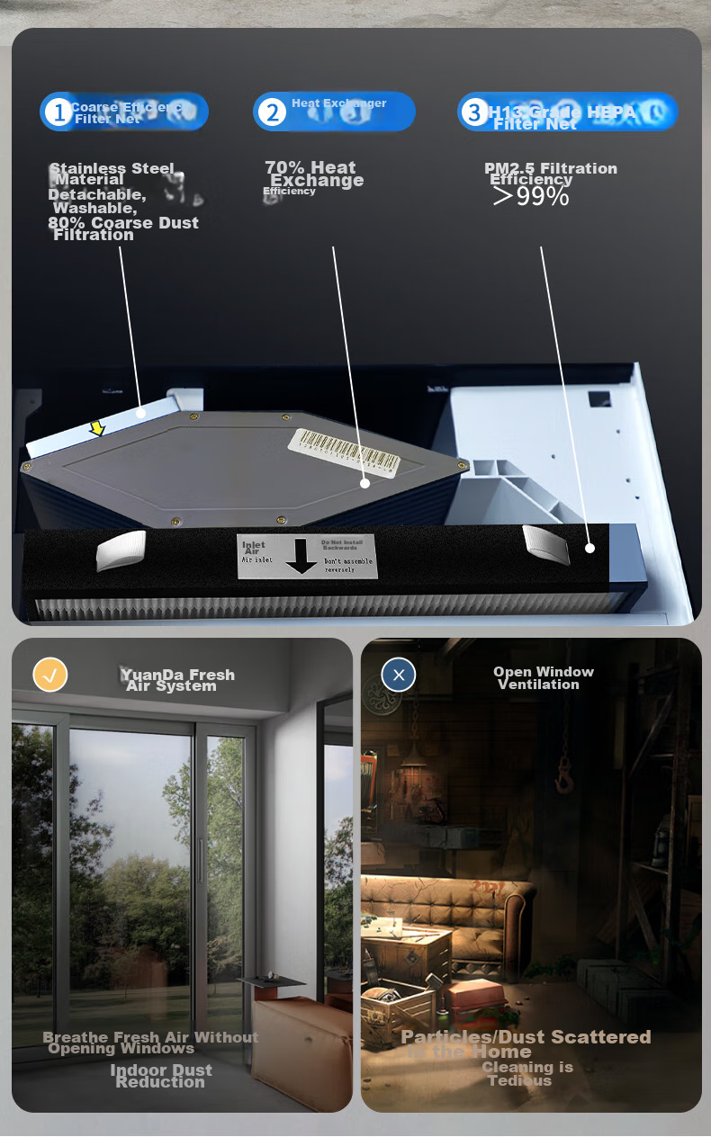 BROAD New Air System Wall-Mounted Fresh Air Machine for Home Use, Bidirectional Ventilation And Air Exchange with Full Heat Recovery, Removes Smog And Formaldehyde, Air Purification Companion to Air Conditioner FF100-Pro 8