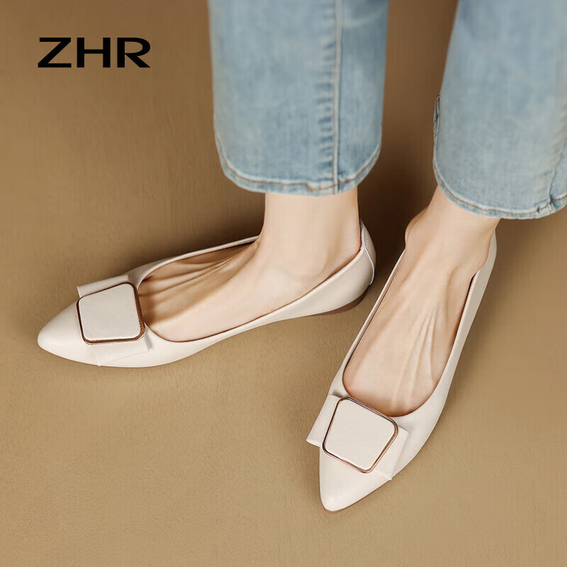 ZHR Women's Single Shoes, Genuine Leather, Elegant Commuter Style, Simple Casual Flat Comfortable Non-Tiring Work Shoes for Wome