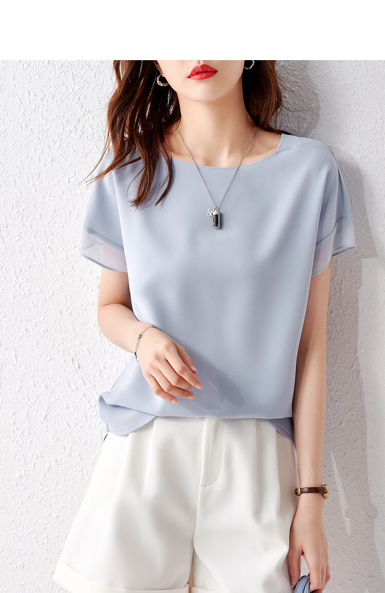 Sentubila Spliced Short-Sleeve Chiffon Blouse for Women, Slimming Tummy-Covering Top, Summer Lightweight Casual T-Shirt, Light Blue, S 13
