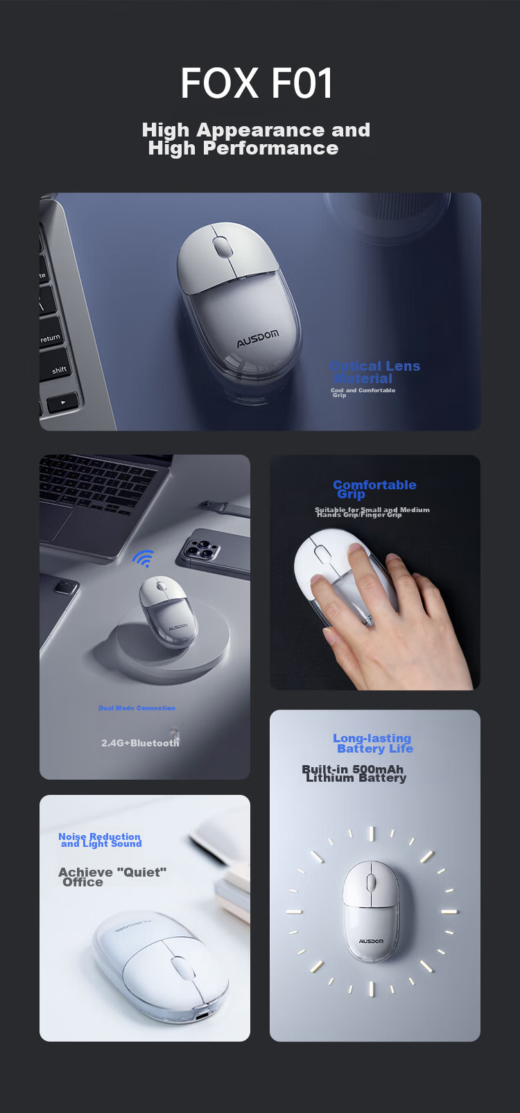 AUSDOM F01 Mouse, Bluetooth Wireless 2.4G Dual-Mode Transparent Mouse, for Home And Office Use, Rechargeable, Computer Laptop Silent White Light, High Aesthetic Value for Women, G04 Recommended Crystal White 2