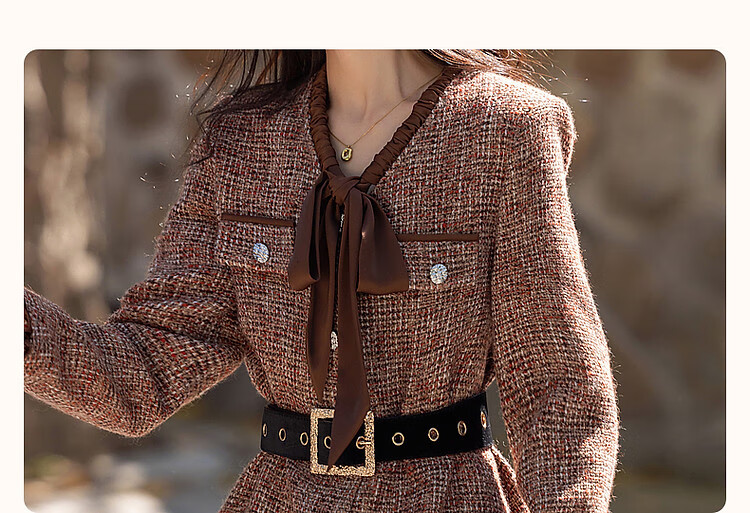 DME "Qianjin Madeleine" Winter Academy Little Chanel Style Chiffon Ruffle Hem Contrast Color Metal Buckle Concealed Flesh Women's Dress 3
