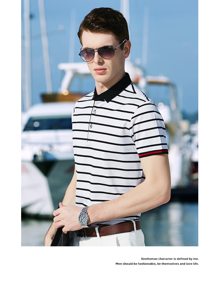 Andongniao [11.4% Mulberry Silk + 88.6% Cotton] Men's High-End Short-Sleeve Polo Shirt, Summer Contrasting Striped Short-Sleeve T-Shirt 9
