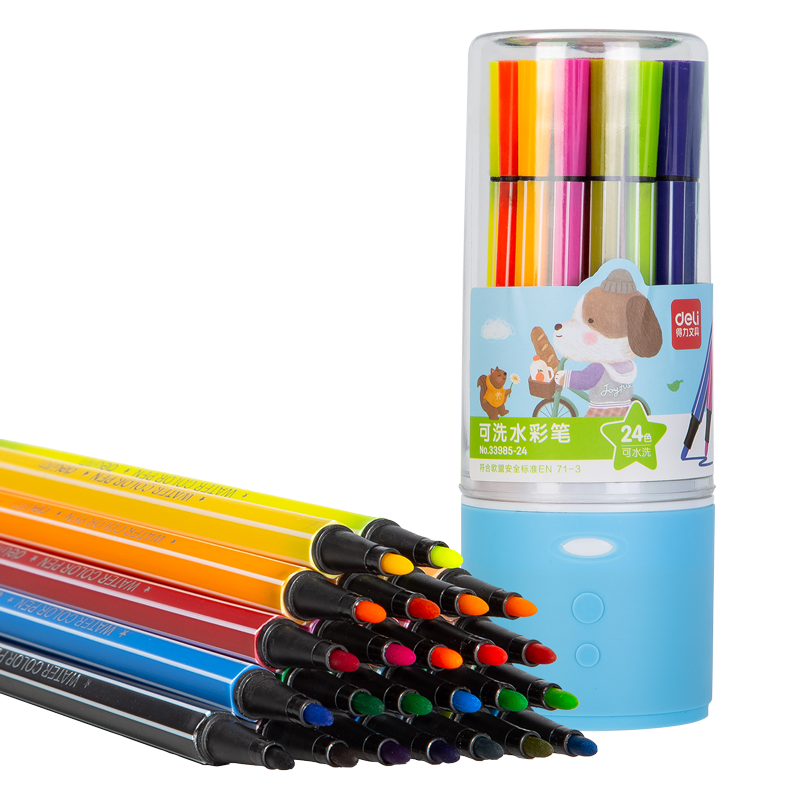 Deli 24-Color Washable Watercolor Markers, Hexagonal Thin Barrel, Children's Drawing Colored Pens, Stationery Storage Tube, Student Girls Children Watercolor Pens, Graduation Gift for Boys And Girls