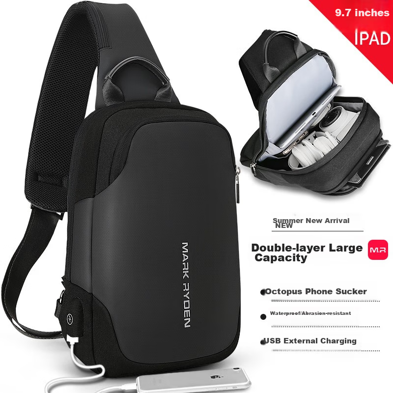 MARK RYDEN Chest Bag, Men's Crossbody Bag, Sports Trendy Shoulder Bag, Small Backpack, 9.7-Inch IPad Bag, MR7056, Elegant Black