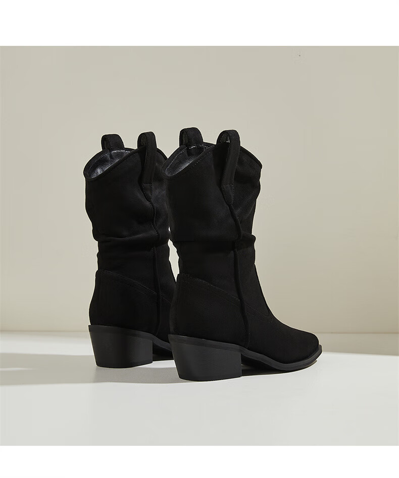 DAPHNE Pointed Toe Western Boots for Women with Fleece Lining, Chunky Heel, Versatile Retro Mid-Calf Boots, Khaki with Fleece Lining, Size 35 9