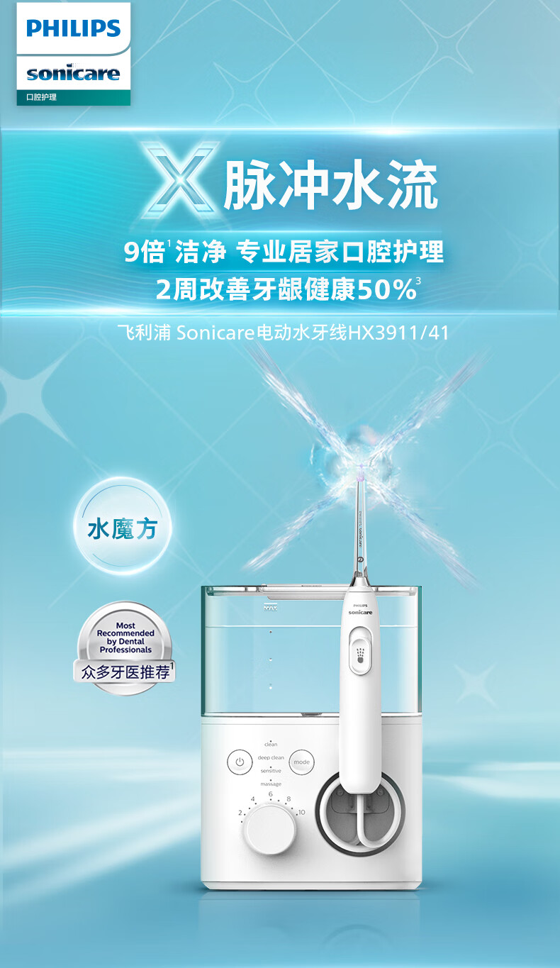 PHILIPS Home Desktop Water Flosser, Sonic Pulse Four-Directional Water Flow Technology, 4 Modes for Teenagers And Adults, Shuimofang White HX3911/4 1