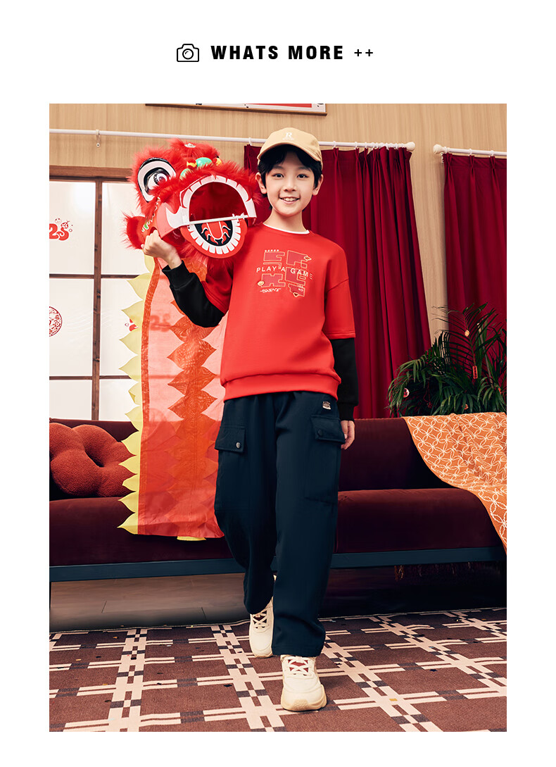 ERKE Kids Thickened Sweatshirt Boys and Girls Children's Round Neck Casual Top Oriental Red 150 9