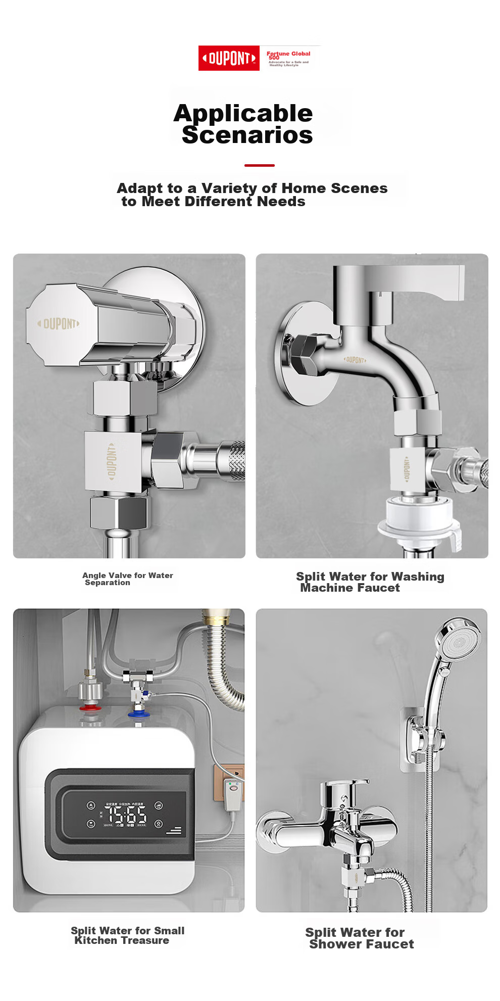 DU PONT DU PONT Three-Way Connector, Thickened One-In Toilet Accessory, 1/2 Inch Union Joint, Copper Material Angle Valve Water Distributor 10
