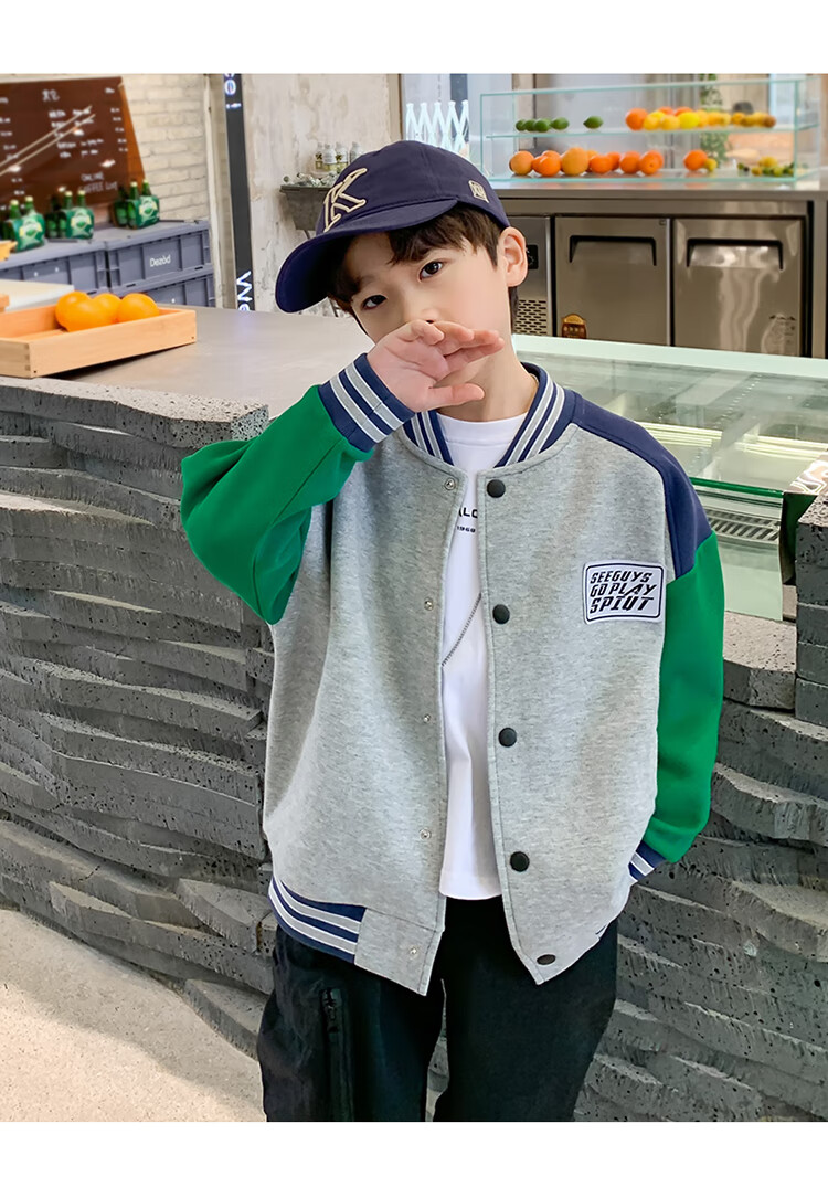 Zuoxi Boys' Baseball Jacket, Autumn Wear 2026 New Style, Children's Spring And Fall Jacket, Korean-Style Trendy Outerwear, Gray, Size 110 11
