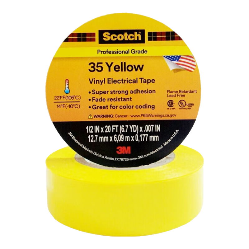 3M Electrical Tape, PVC Waterproof, Heat-Resistant, Weather-Resistant, Flame-Retardant, Electrical Insulation Tape, 35# Yellow, Single Roll, 12.7MM*6M