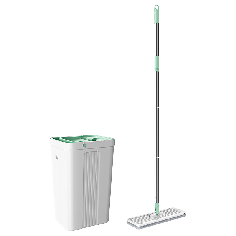 3M Scotch-Brite Flat Mop, 33cm Handle Length, 126cm Total Length, 1 Mop Head with Scraper, No-Scrub Mop with Bucket for Home Use, All-In Cleaning