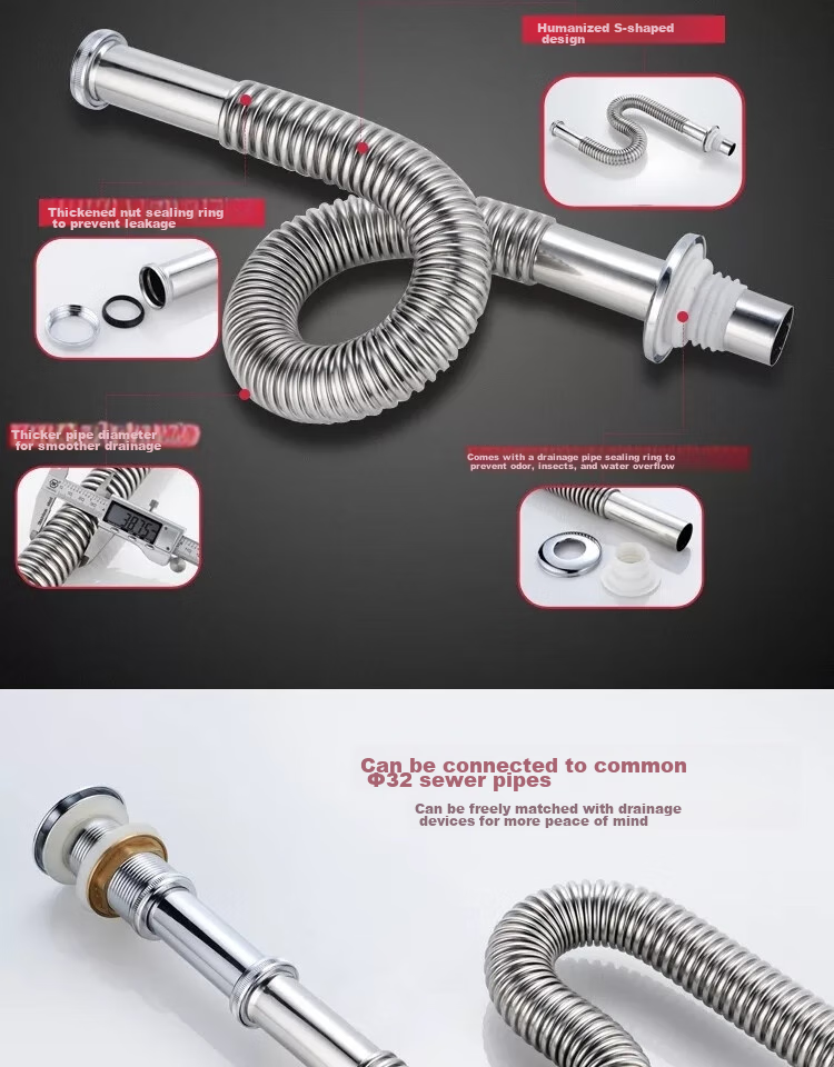Haili Sink Drain Pipe Anti-Odor Device, Countertop Drainage, Bathroom Cabinet Extendable 96cm ABS Flexible Hose, 73318 3